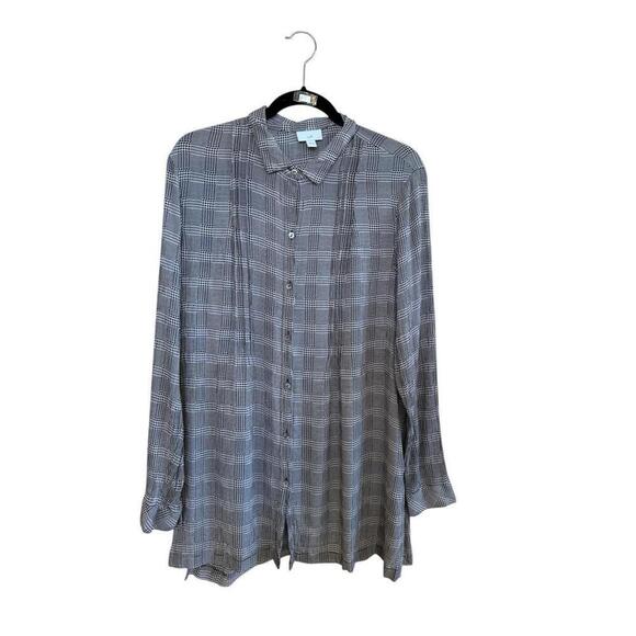 J Jill Gray Plaid Semi Sheer Tunic Shirt Top w Front Pin Tucks L - Picture 1 of 5